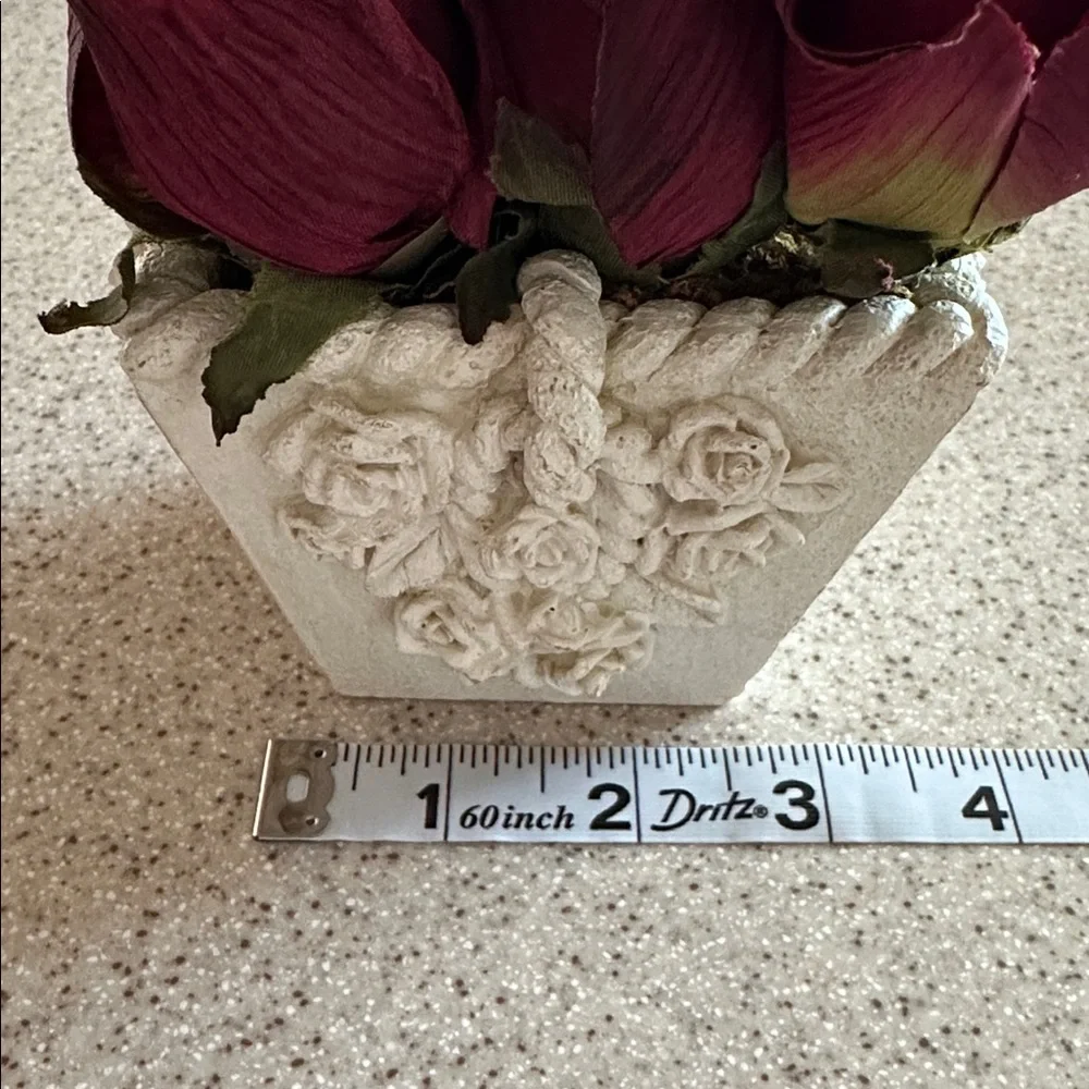 Decorative floral centerpiece Dark Red Artificial Roses in a White Ceramic Vase